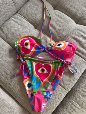 Bright Pink & Multicolor Heart Print Swim Set Evil Eye 🧿